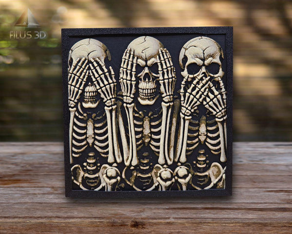 3D Printed "Three Wise Skeletons" Wall Art | 6" x 6" | Unique Skeleton Decor with Complimentary Frame