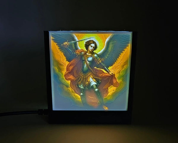 3D Printed "Archangel Saint Michael" Illuminated Color Lithophane | 4" x 4" with LED Light & Frame (included)